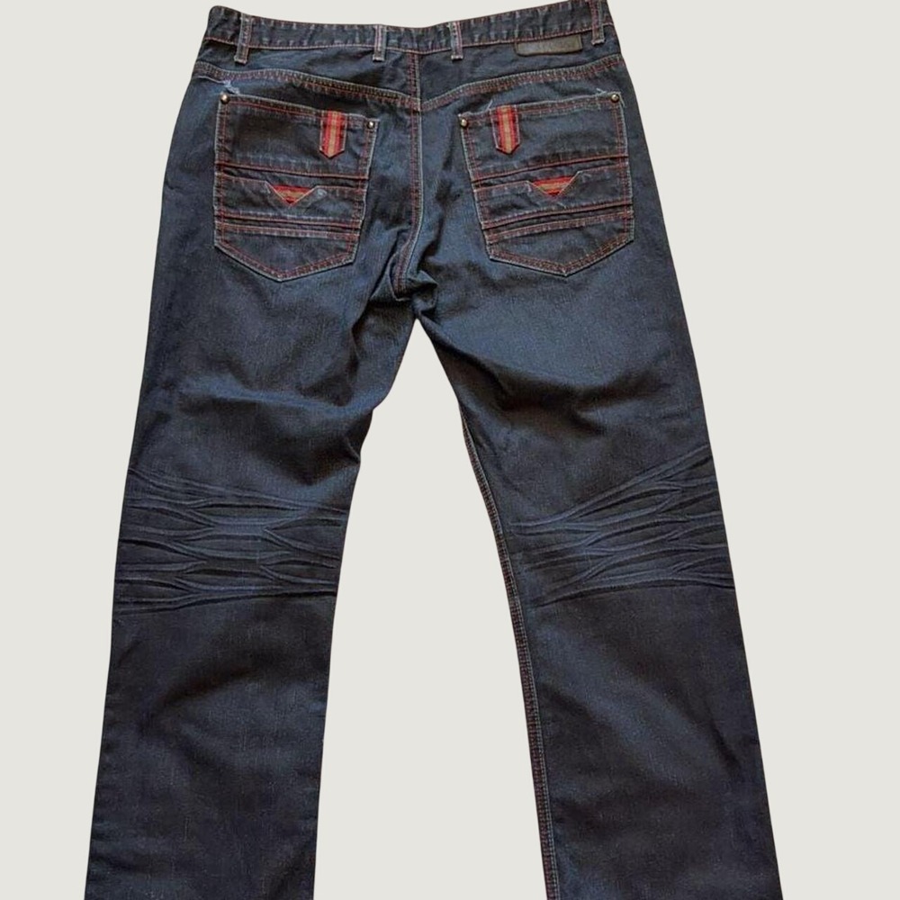 Lamasini Mens Dark Wash Straight Leg Jeans Red Stitching Webbing Trim 38x30